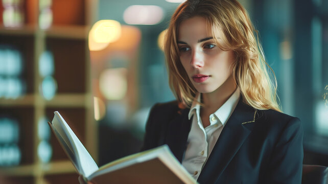 This woman reads intently in a professional environment, advocating for minority rights and justice.