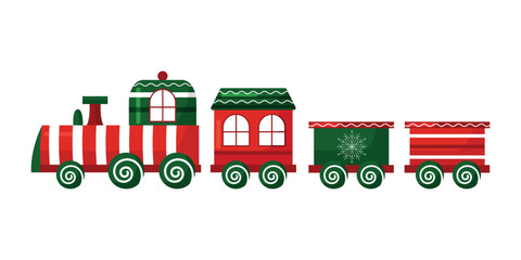 Vector christmas cartoon red train toy isolated on white background. Clipart for christmas greeting card, postcard