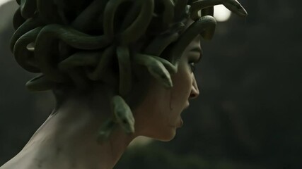 Medusa Close Up: Glowing Green Eyes and Moving Serpents