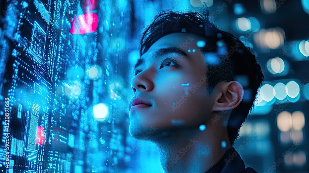 Aufkleber man looking up at digital interface with blue light and bokeh effect in the background at night time