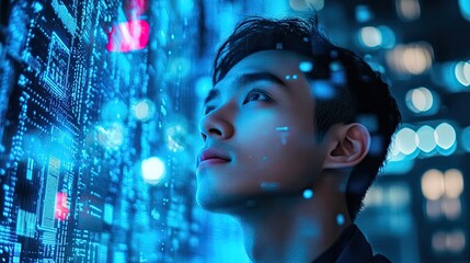 Man looking up at digital interface with blue light and bokeh effect in the background at night time
