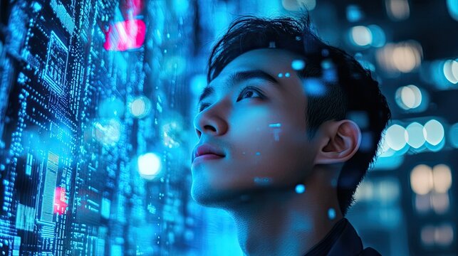 Man looking up at digital interface with blue light and bokeh effect in the background at night time - Powered by Adobe