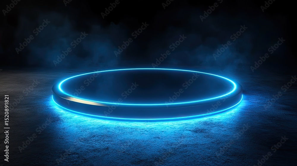 Poster glowing neon blue circle platform on a dark surface with smoke effect background for product display