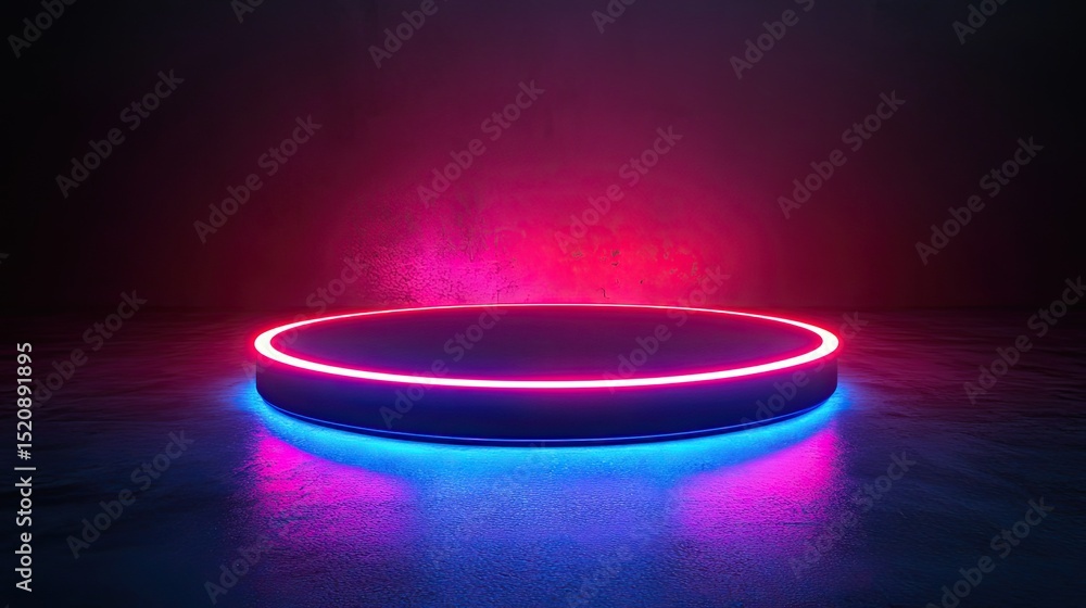 Poster illuminated circular platform with neon lights against a dark background and textured surface