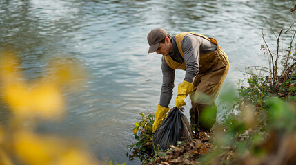 Man Volunteering in Rural Riverbank Cleanup for Environmental Conservation: Scenic Nature Reserve Effort for Sustainability and Wildlife Preservation