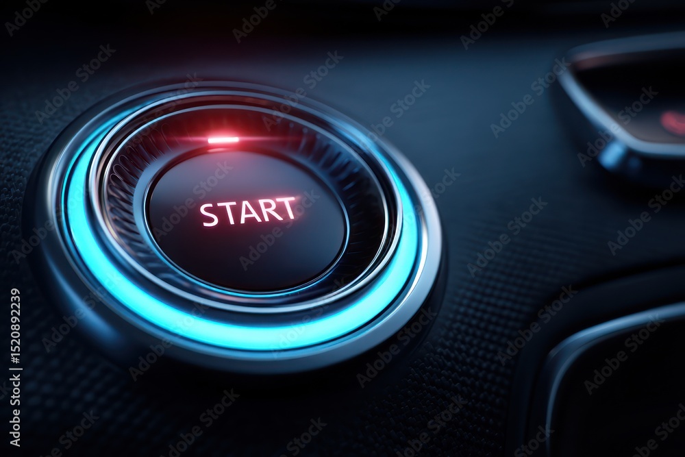 Poster illuminated car start button featuring a sleek and futuristic design for advanced control.