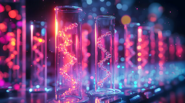 Test tubes containing glowing dna structures in a laboratory setting.
