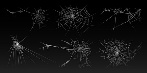 Halloween old spooky cobweb with various sizes and shapes. Old spider web set vector illustration dark gothic decoration for holidays. Corner spider net insect thread cobweb scary frames.