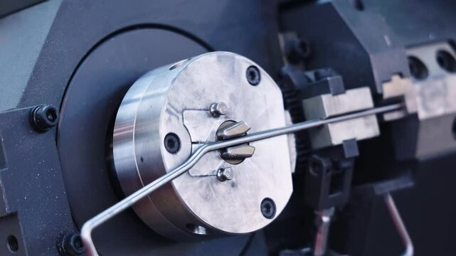 CNC bending machine bends steel wire to form a curved part. Wire bending machine. Automated CNC machine bends metal rod accurately in modern industrial manufacturing process