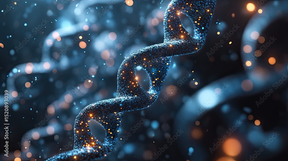 Aufkleber close up of a dna double helix strand with glowing particles floating around it in a dark background