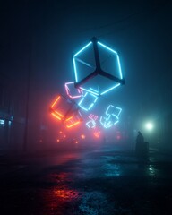 Obraz premium Glowing geometric neon shapes decorations in a thick fog environment