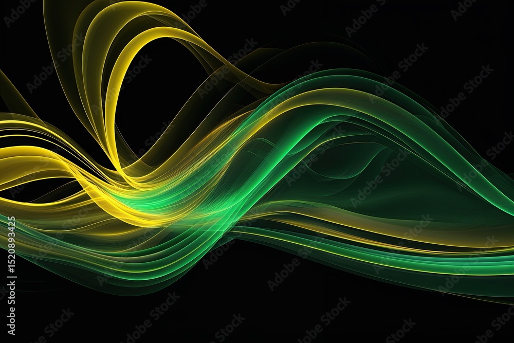 Poster yellow and emerald dynamic fluid light arcs on black background highlighting technology digital navi
