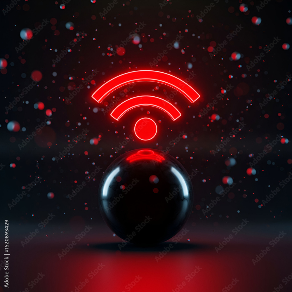 Aufkleber red neon wi-fi symbol over a dark sphere in a dark studio setting. abstract design with glowing part