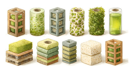 Sustainable Architectures Concept. Illustration of eco-friendly battery designs with greenery elements.