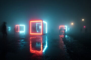Obraz premium Glowing geometric neon shapes decorations in a thick fog environment