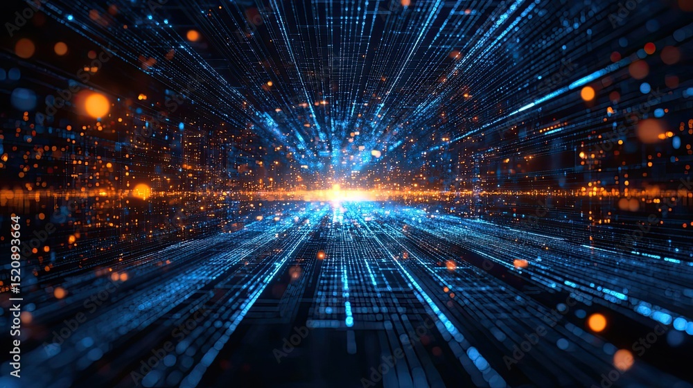 Poster abstract network background with blue lines and orange glowing particles perspective view