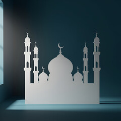 Silhouette of a mosque on a teal wall in a modern setting. Architectural design of a mosque with minarets and domes.