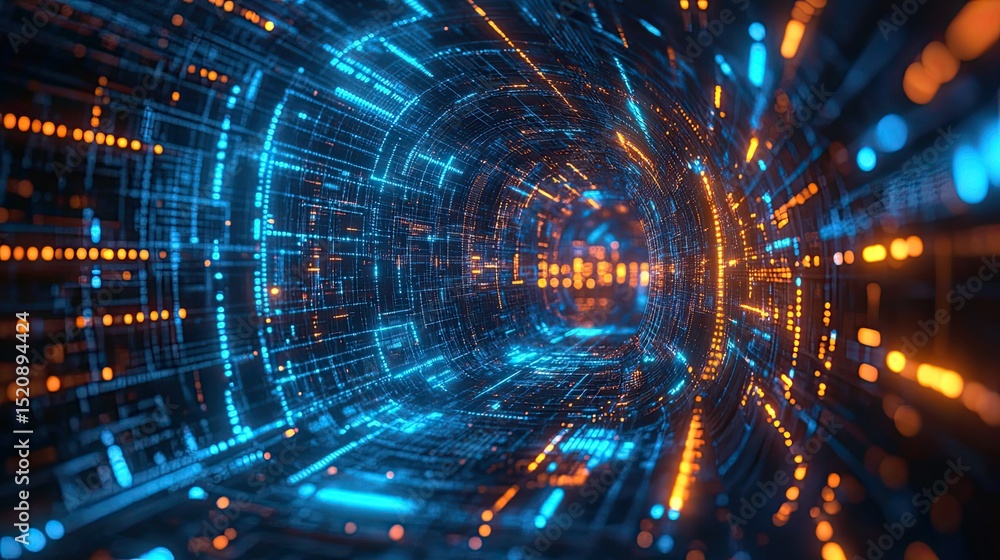 Poster abstract digital tunnel with blue and orange glowing lights creating depth and perspective view