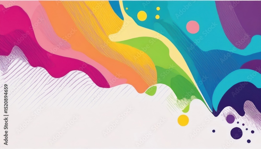 Poster abstract colorful wave pattern with fluid curves and dotted elements in vivid orange, pink, blue, an