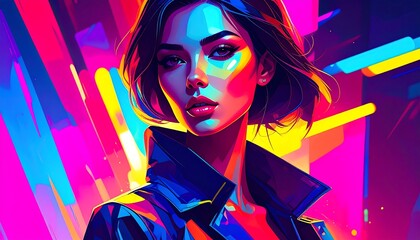 Vibrant Neon Woman Portrait, Digital Art - Vibrant color palettes