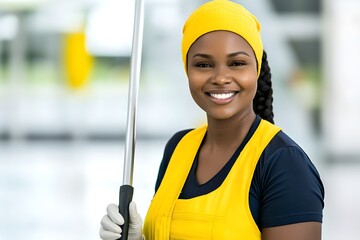 Cleaning event professional janitor in action urban building portrait bright environment upbeat concept