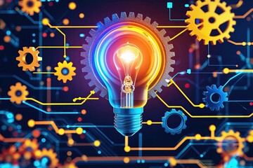 Innovative Solutions Featuring Vibrant Light Bulb and Gear in Digital Network Design