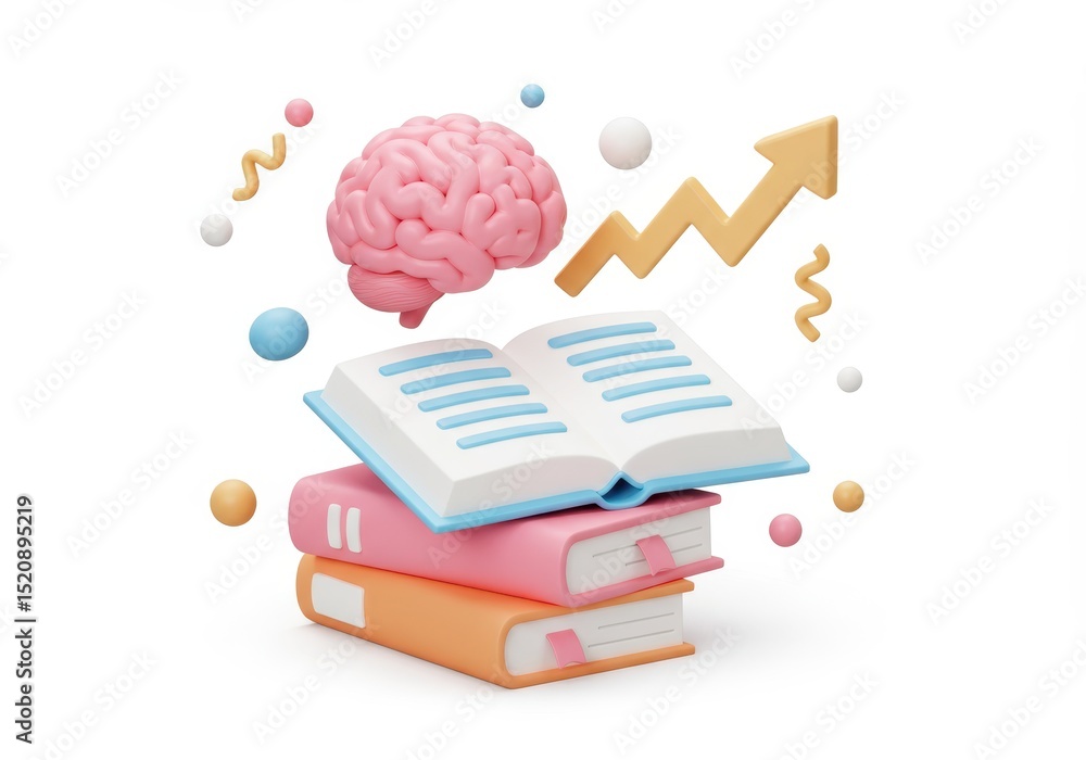 Aufkleber stack of books with brain and arrow isolated on white background