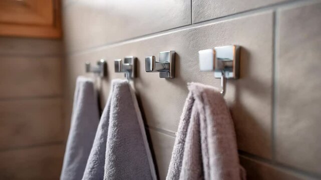 Gray towel bathroom wall hook modern tile soft clean hanging home interior, soft gray towels hang neatly modern metal wall hooks against tiled bathroom wall, creating clean and organized home towel