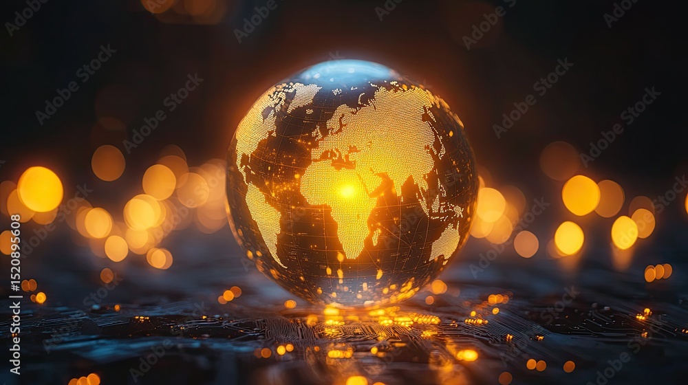 Poster glowing world globe with africa at the center surrounded by bokeh lights on a circuit board surface