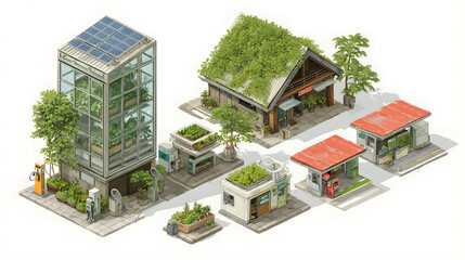 Sustainable Architectures Concept. Urban buildings with green roofs and landscaped surroundings