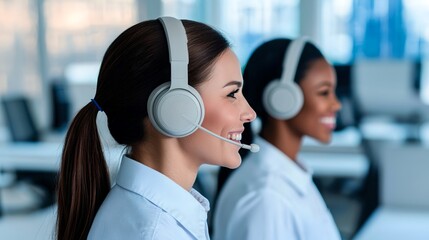 Customer support professionals engaged in communication modern office photo bright environment side view teamwork concept