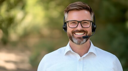 Customer support professional smiling outdoor location portrait image natural environment close-up view service excellence