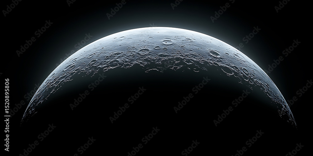 Poster crescent moon surface with craters and textures underneath light source in space on black background