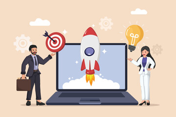 Startup Innovation and Digital Marketing Success Concept with Business People, Laptop, Rocket Launch, Target, and Idea Lightbulb.