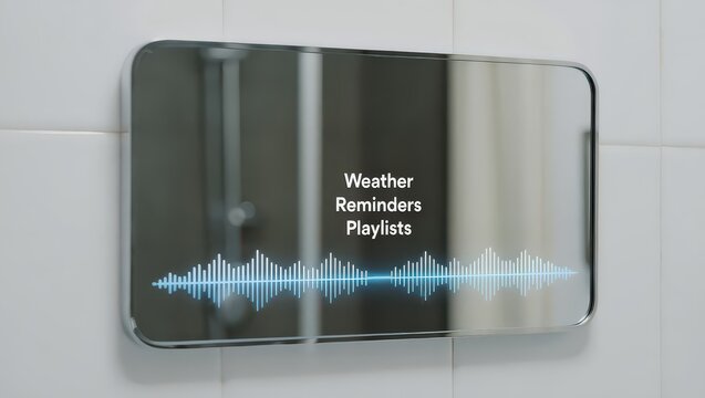 Smart bathroom mirror with weather reminders and playlists