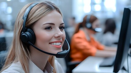 Customer service interaction call center professional environment office space engaged viewpoint support communication