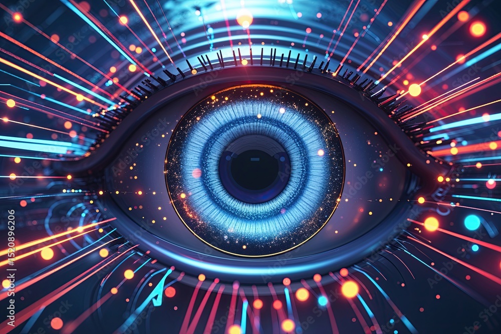 Poster 3d rendered multicolored eye iris animation with cyber lines and particles effect