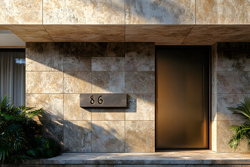 Modern house number plaque mockup on textured wall, ideal for signage or exterior design.