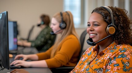 Customer service representatives engaged at work office environment professional photography focused view teamwork concept
