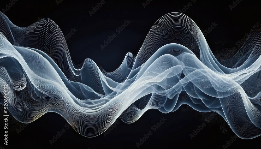 Aufkleber abstract white wave of glowing digital mesh curves on dark gradient background for web design, brand