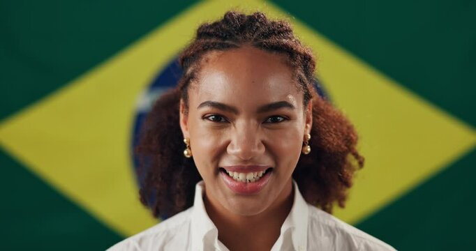 Face, woman and smile with flag for Brazil, voting and freedom with confidence for citizenship. Portrait, female person or patriotic with pride for nationality, country or positive attitude by symbol