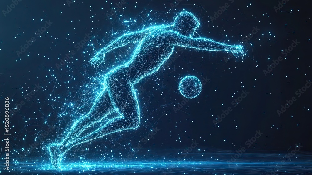 Poster digital representation of a soccer player kicking a ball with glowing blue lines and particles
