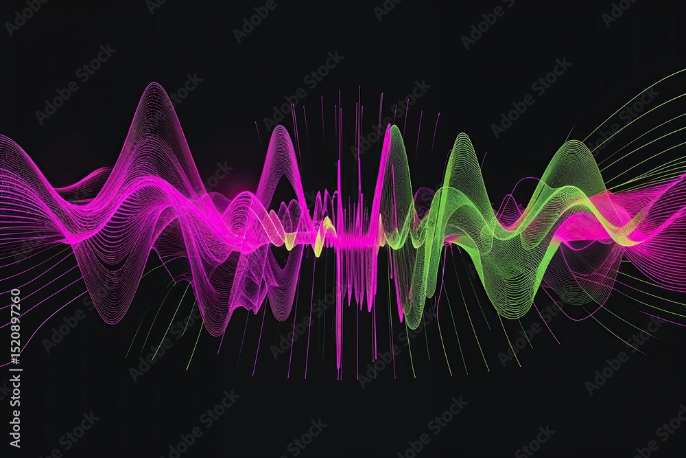 Poster vibrant digital waves in magenta and chartreuse on black background exploring advances in technology