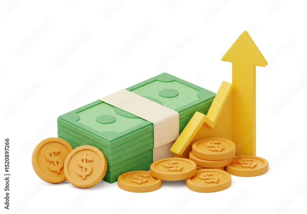 Poster stack of money with coins and an upward-pointing arrow isolated on white background