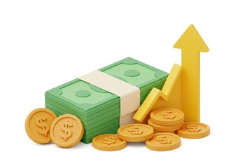 Stack of money with coins and an upward-pointing arrow isolated on white background