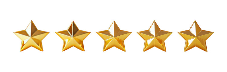 Five star rating review icon, golden 5 stars in a row, isolated on white transparent background