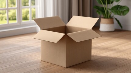 Modern home delivery unpacking a brown box parcel on the floor in a bright environment