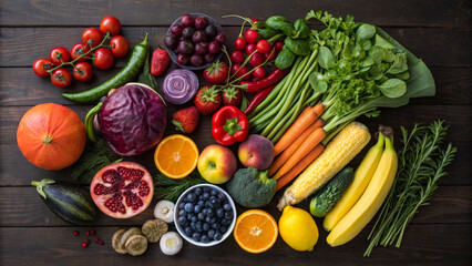 Colorful rainbow of variety raw fruits and vegetables. Fresh organic healthy antioxidant violet, red, green, orange and yellow food. Vegetarian healthy nutrition flat lay