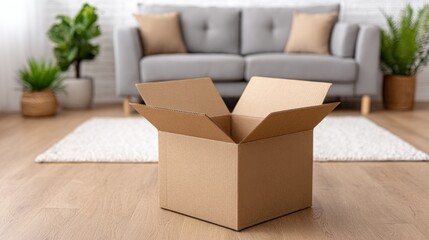 Modern delivery parcel on floor in cozy home environment with brown box opened for unboxing experience