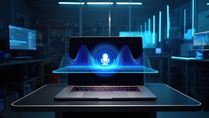 Voice recognition technology on laptop in office setting